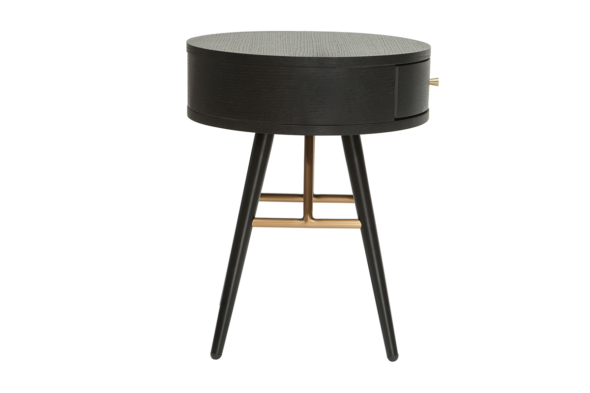 Mesilla de noche vintage redonda de madera y metal negro con detalles dorados KORAL