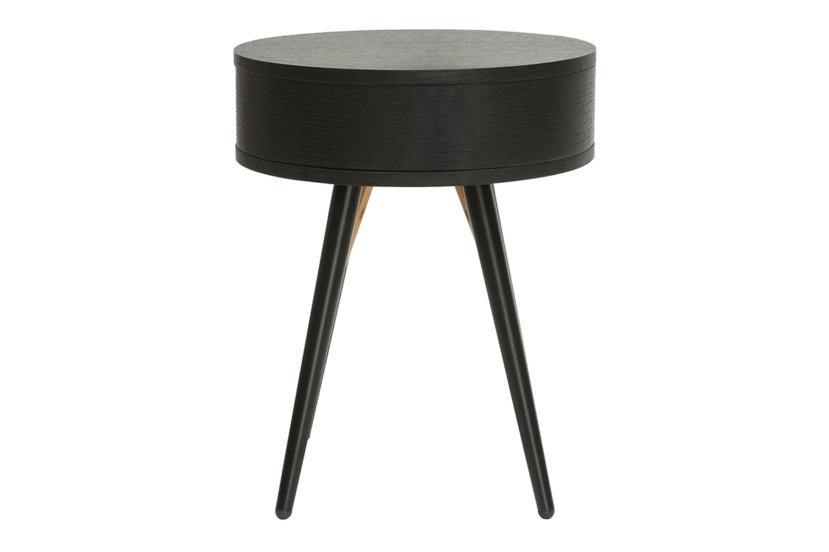Mesilla de noche vintage redonda de madera y metal negro con detalles dorados KORAL