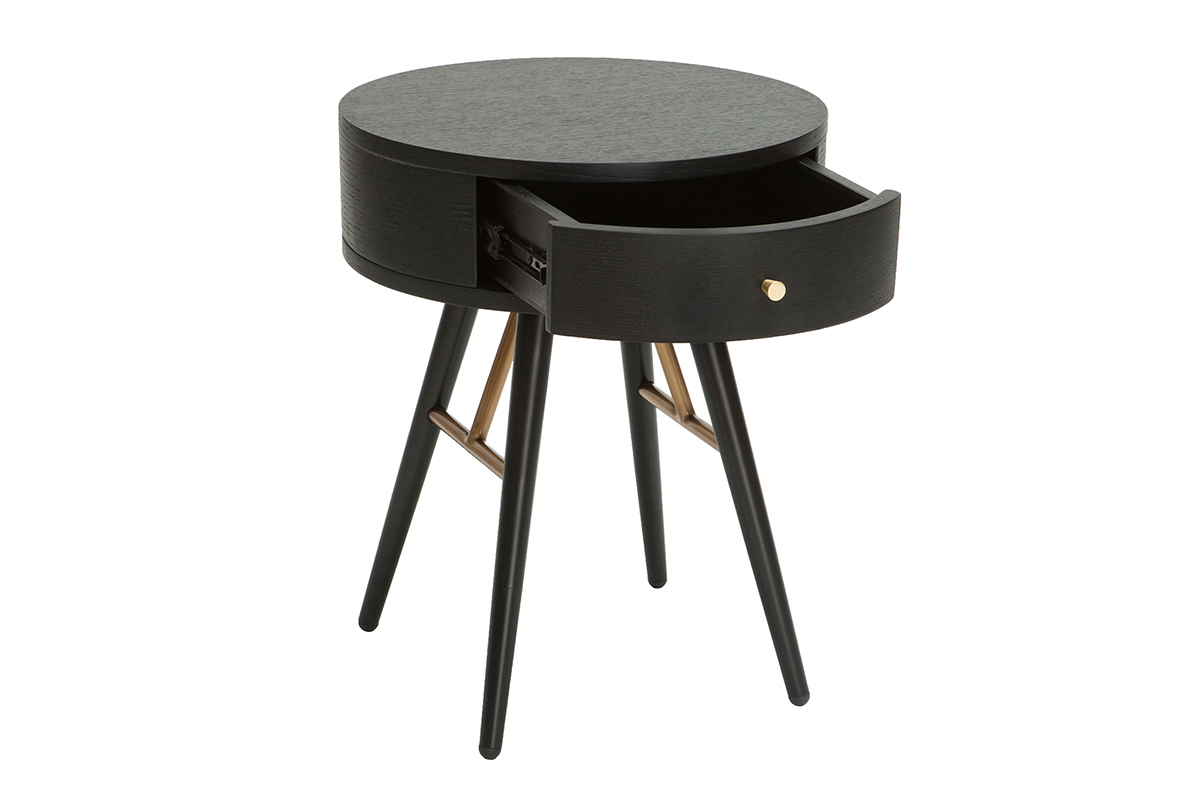 Mesilla de noche vintage redonda de madera y metal negro con detalles dorados KORAL
