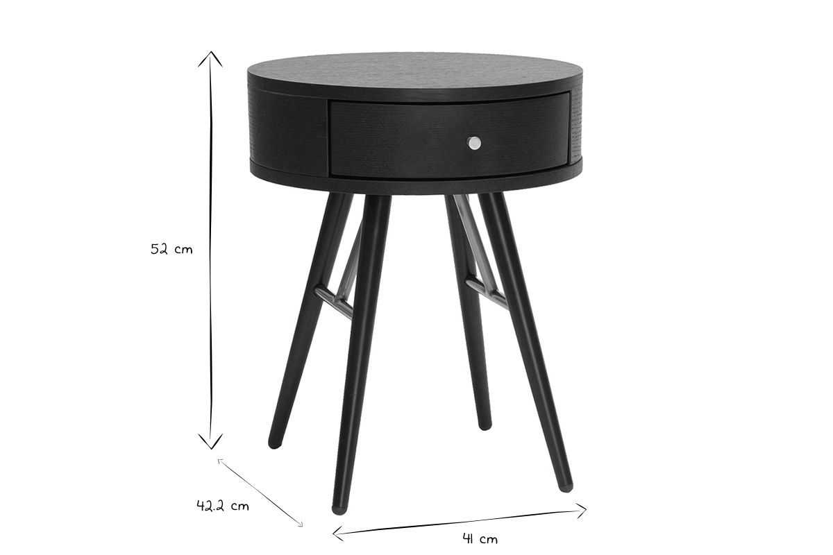 Mesilla de noche vintage redonda de madera y metal negro con detalles dorados KORAL