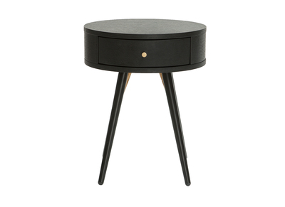 Mesilla de noche vintage redonda de madera y metal negro con detalles dorados KORAL