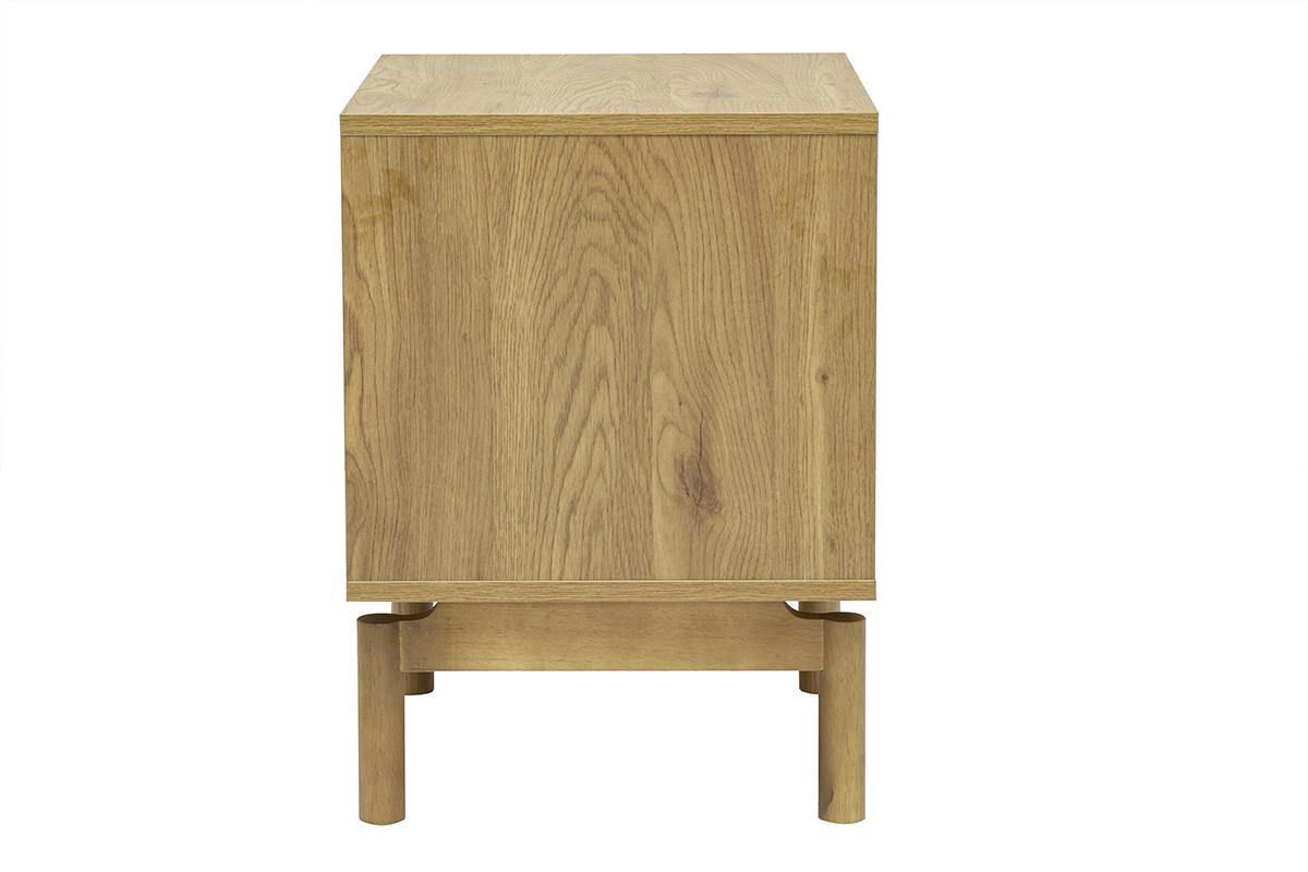 Mesita de noche YSEULT en madera de roble vista de perfil con dos cajones y patas cil�ndricas.