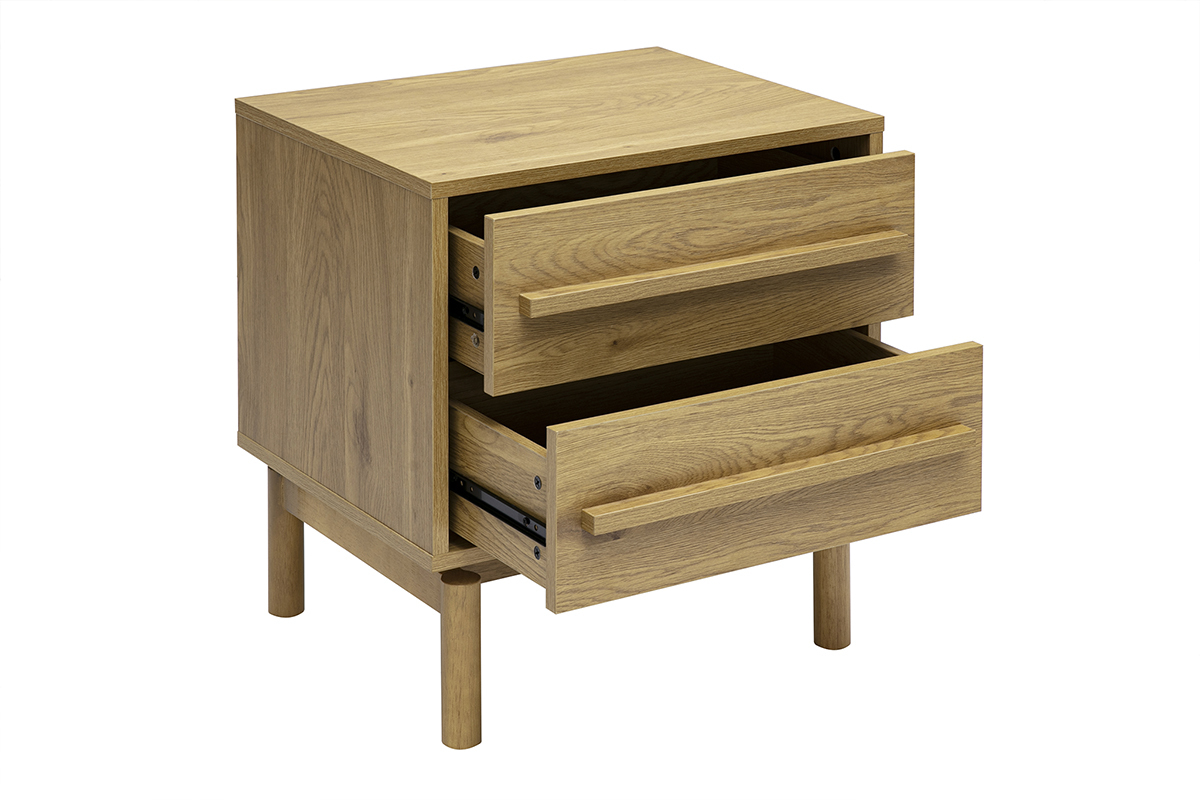 Mesa de noche de madera de roble con dos cajones, vista de tres cuartos, patas cil�ndricas.