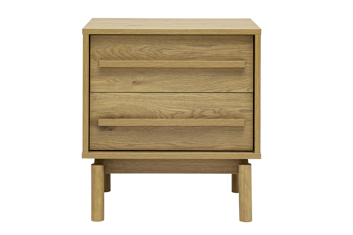 Mesa de noche con acabado de madera de roble y 2 cajones, vista frontal, dise�o escandinavo.