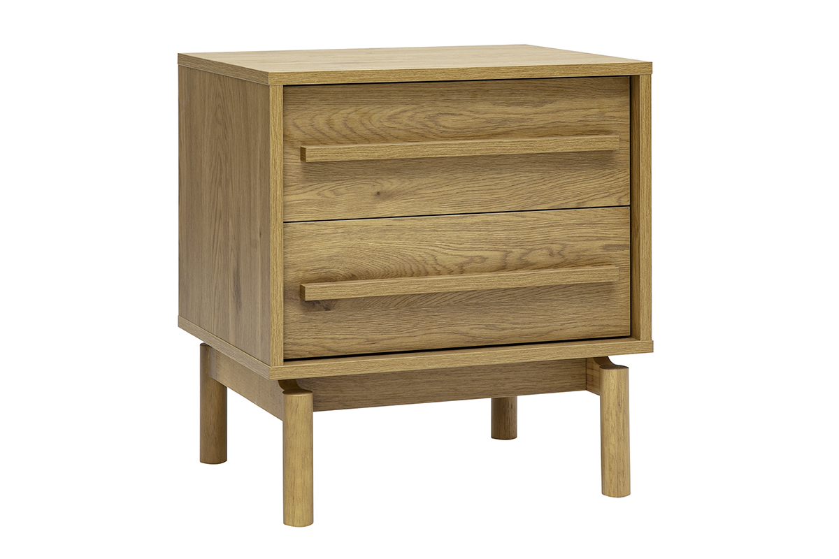 Mesita de noche de madera de roble con 2 cajones, vista en tres cuartos