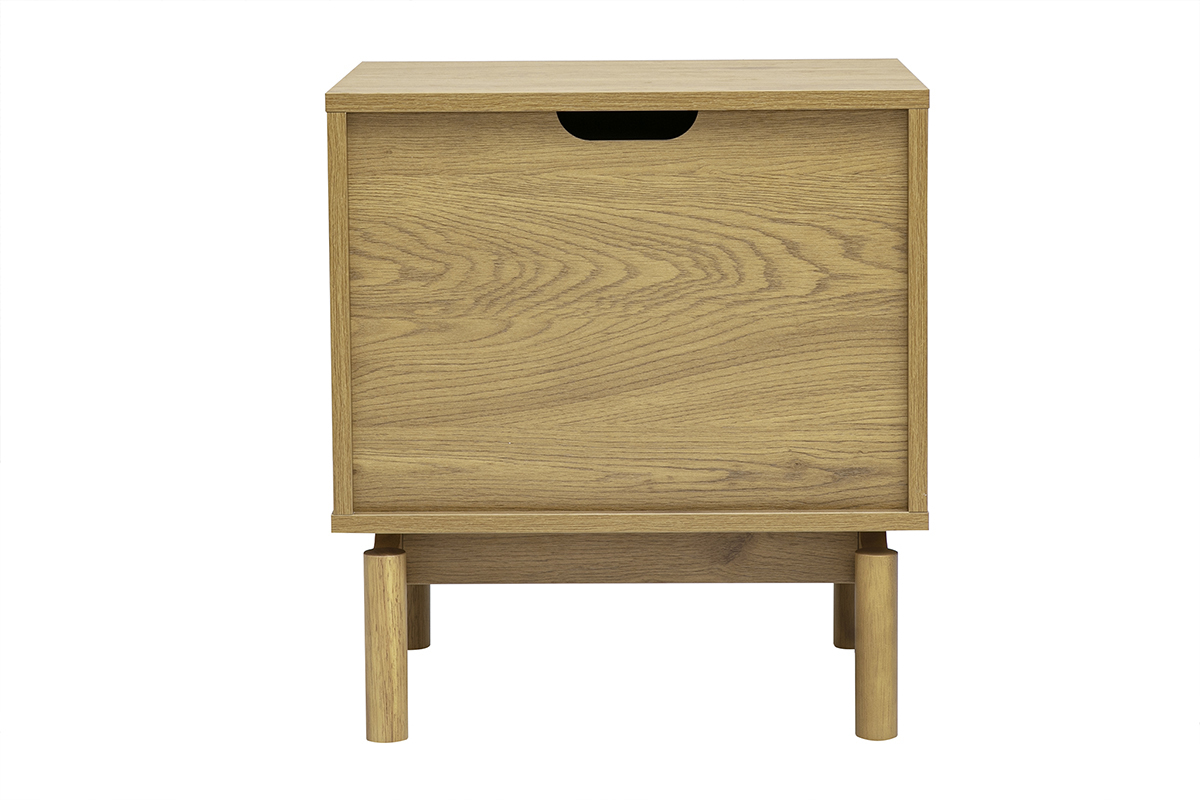Mesa de noche de madera de roble con 2 cajones, vista trasera, patas cil�ndricas.