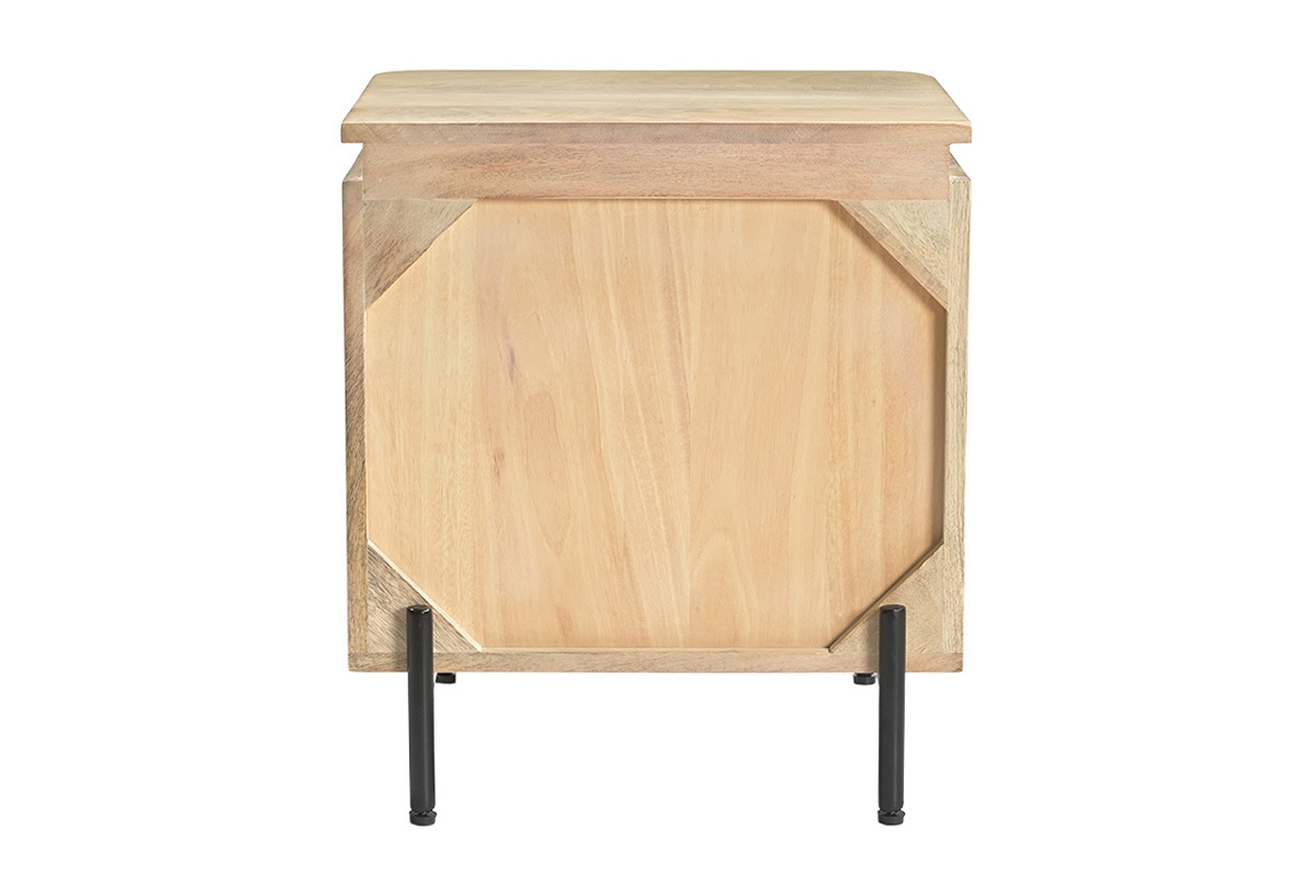 Mesita de noche de madera maciza de mango con frontal acanalado, vista trasera.