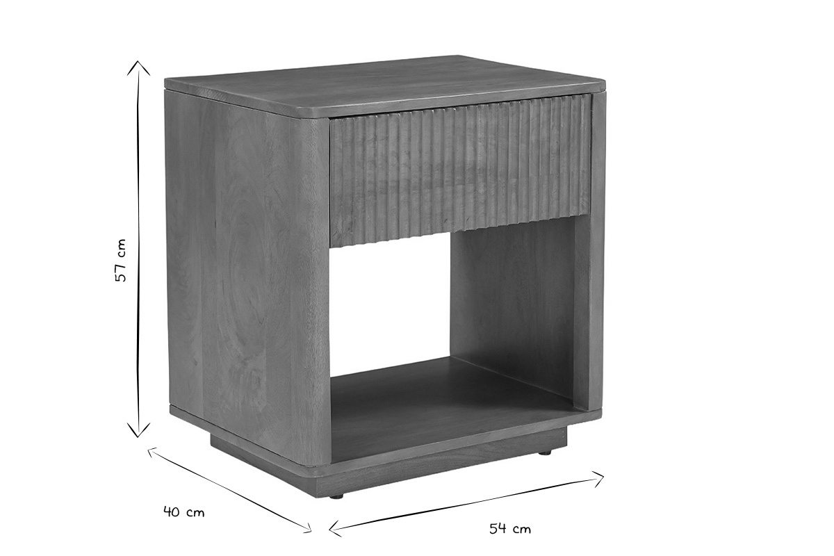 Mesa de noche ALDA en blanco y negro con dimensiones indicadas: An54 x Pr40 x Al57 cm.