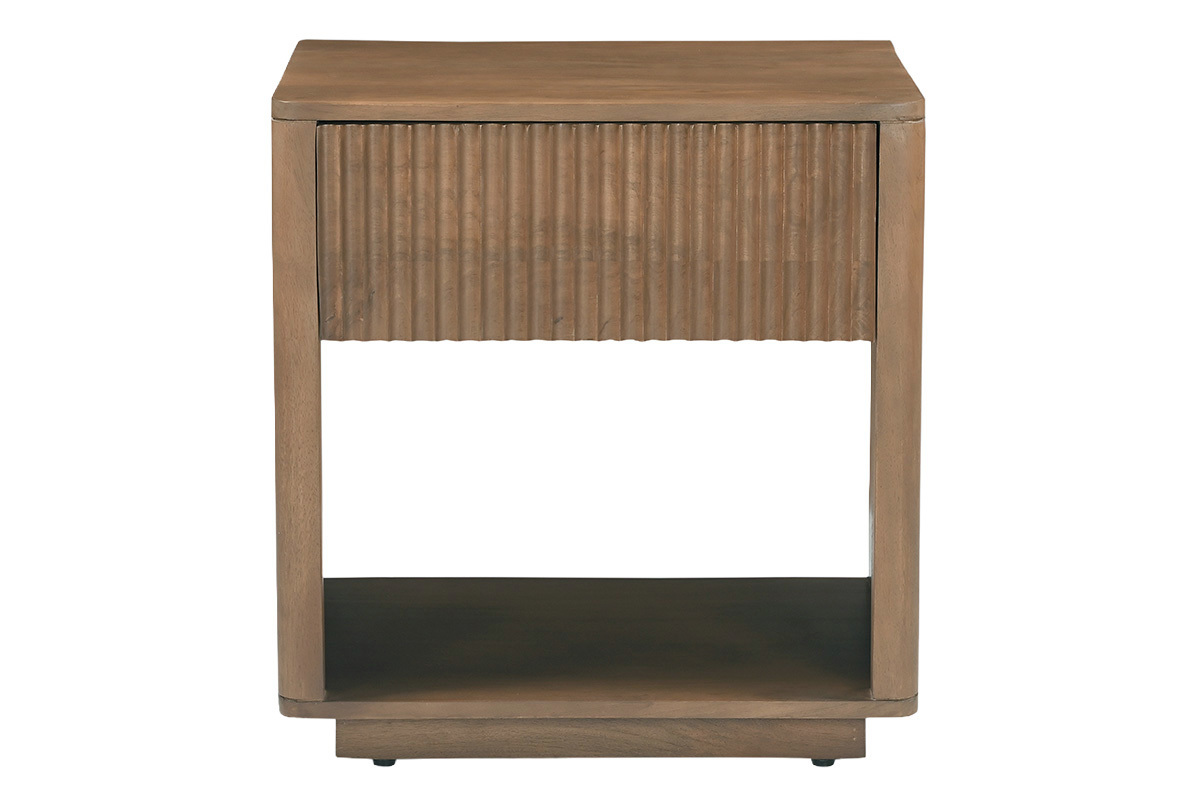 Mesita de noche de madera oscura de mango maciza con caj�n, vista frontal