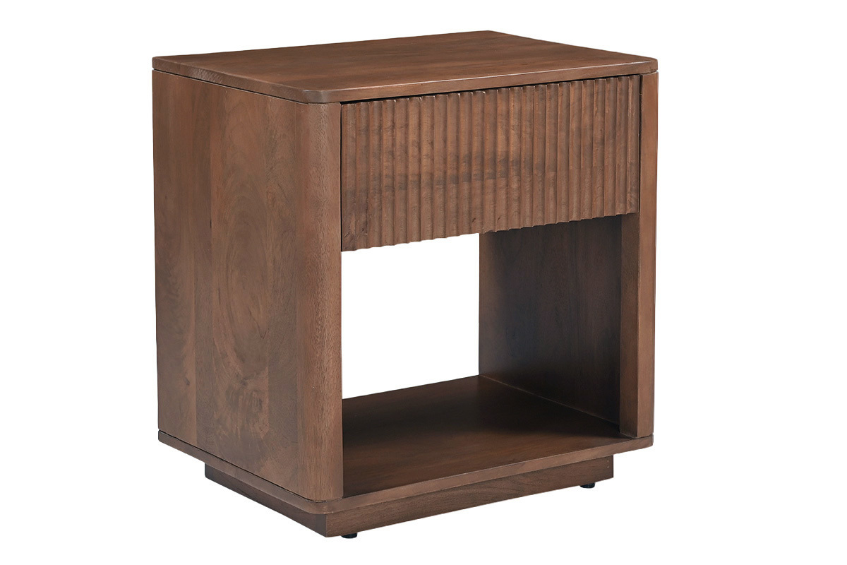 Mesita de noche ALDA de madera oscura de mango macizo, vista en tres cuartos con caj�n.