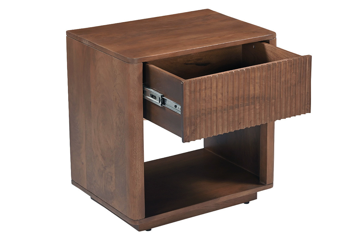 Mesita de noche ALDA en madera oscura de mango maciza, caj�n abierto, vista lateral