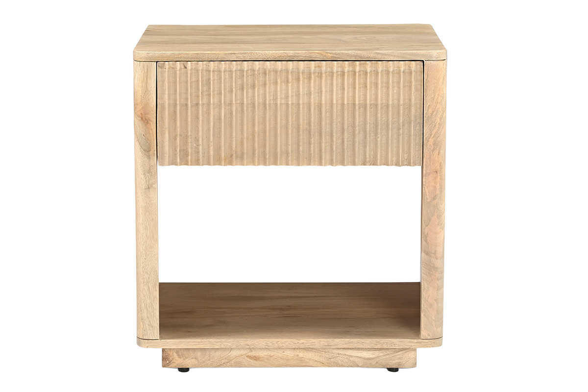Mesa de noche ALDA de madera clara, vista frontal, con caj�n y nicho abierto.