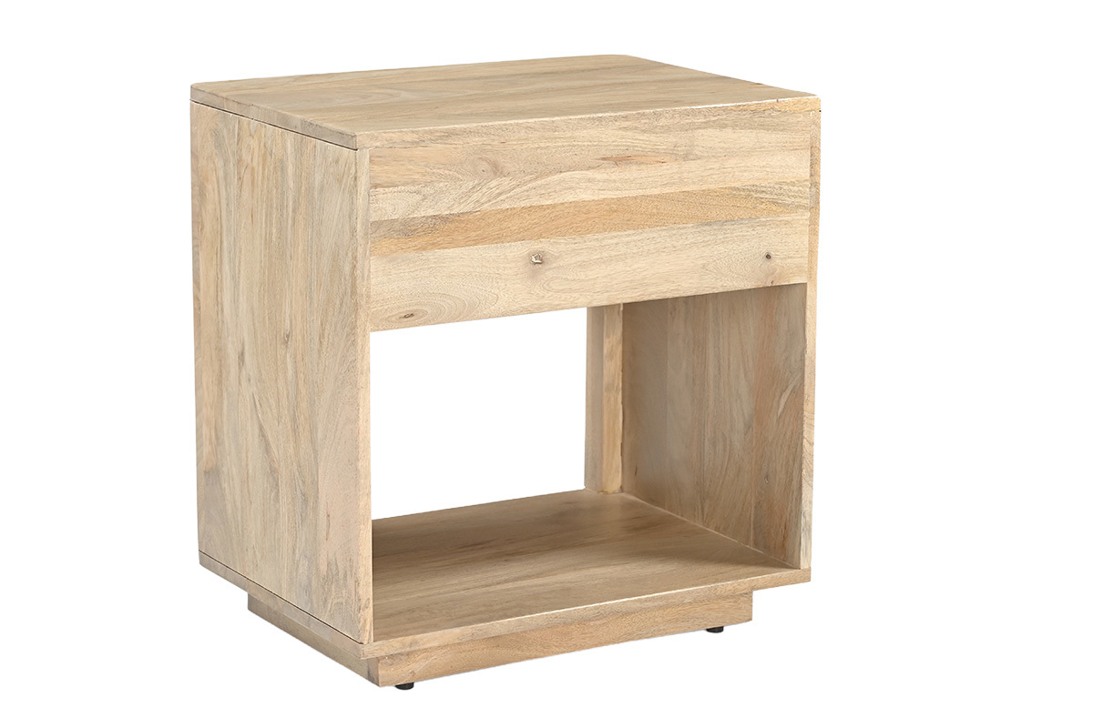 Mesa de noche de madera clara de mango macizo con caj�n y nicho abierto, vista lateral trasera.