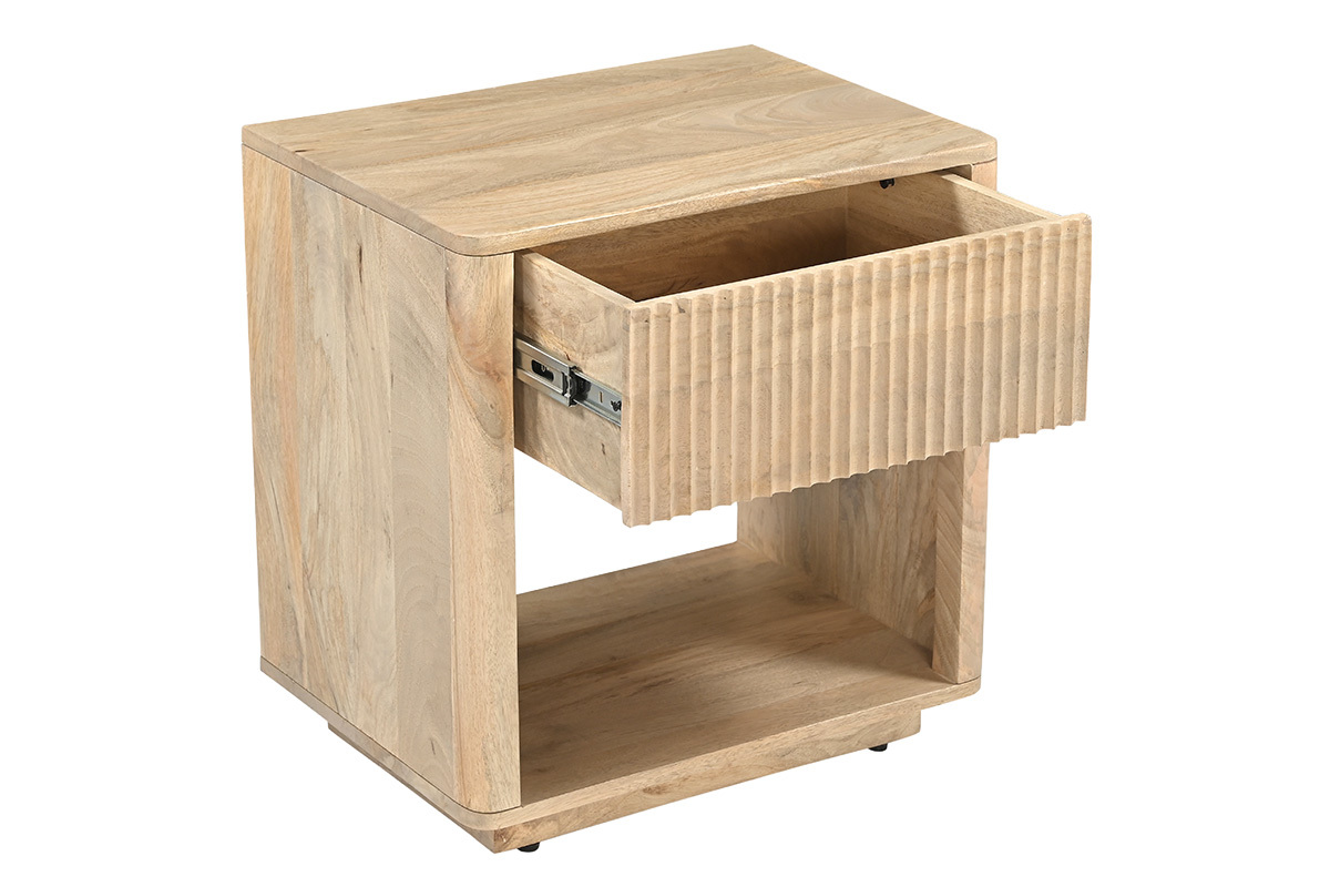Mesa de noche de madera maciza de mango con caj�n abierto, vista en 3/4.