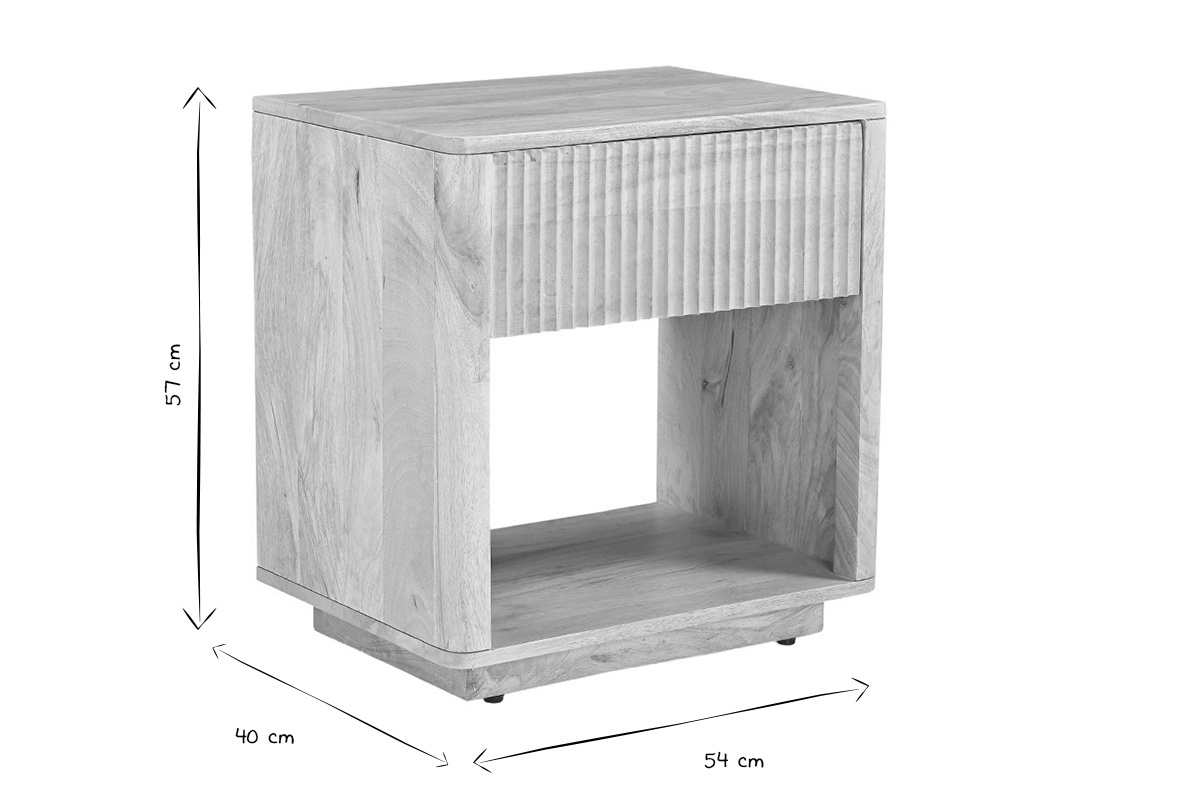 Dimensiones de la mesa de noche ALDA: An 54 x Pr 40 x Al 57 cm, vista en tres cuartos