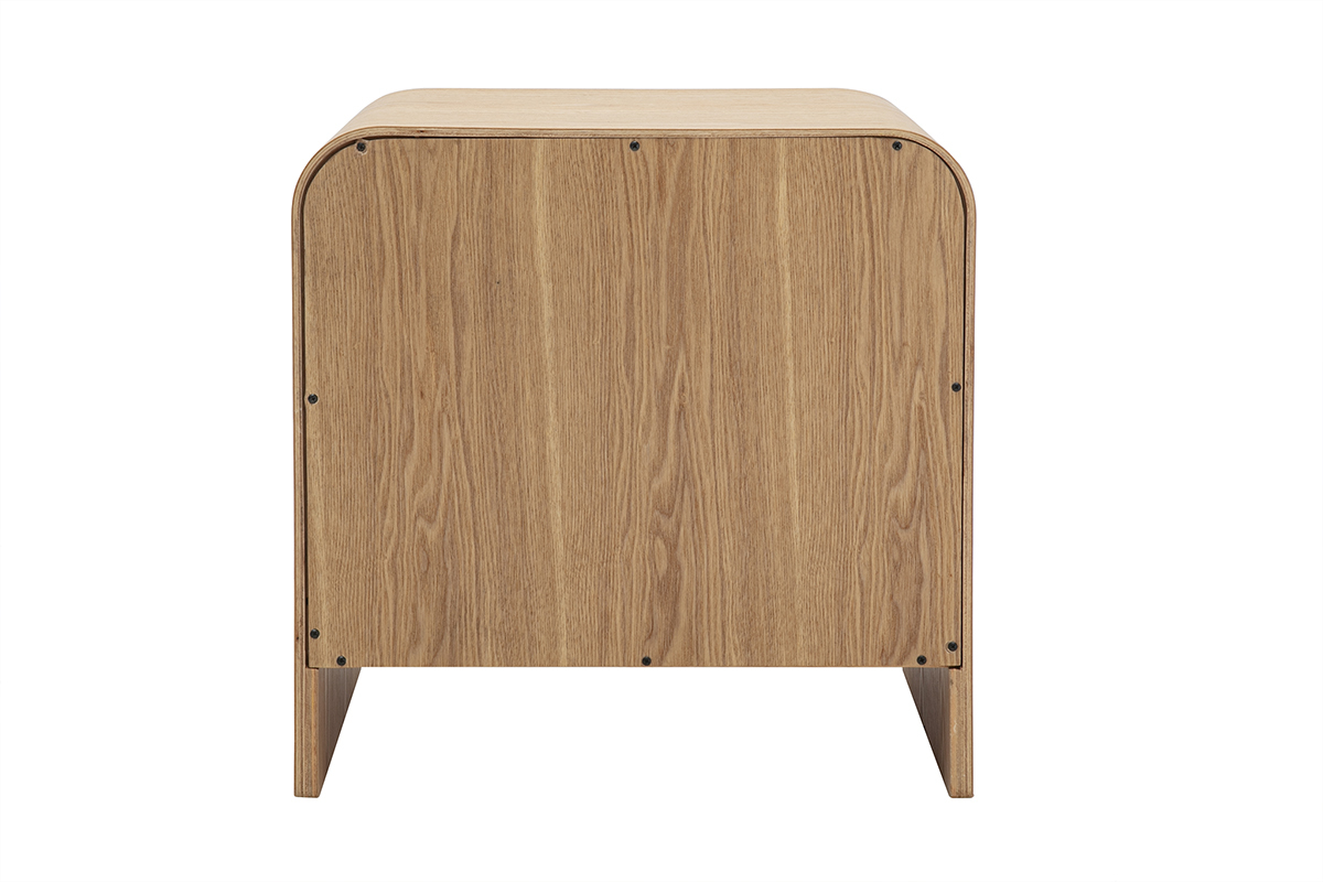 Mesa de noche KYLIA en madera clara de fresno, vista trasera, con curvas depuradas y caj�n.