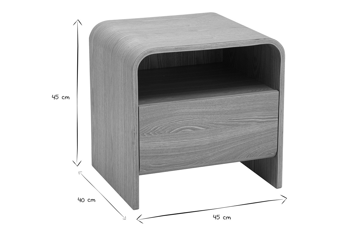 Dimensiones de la mesita de noche KYLIA: An.45 x Pr.40 x Al.45 cm, en negro y blanco.