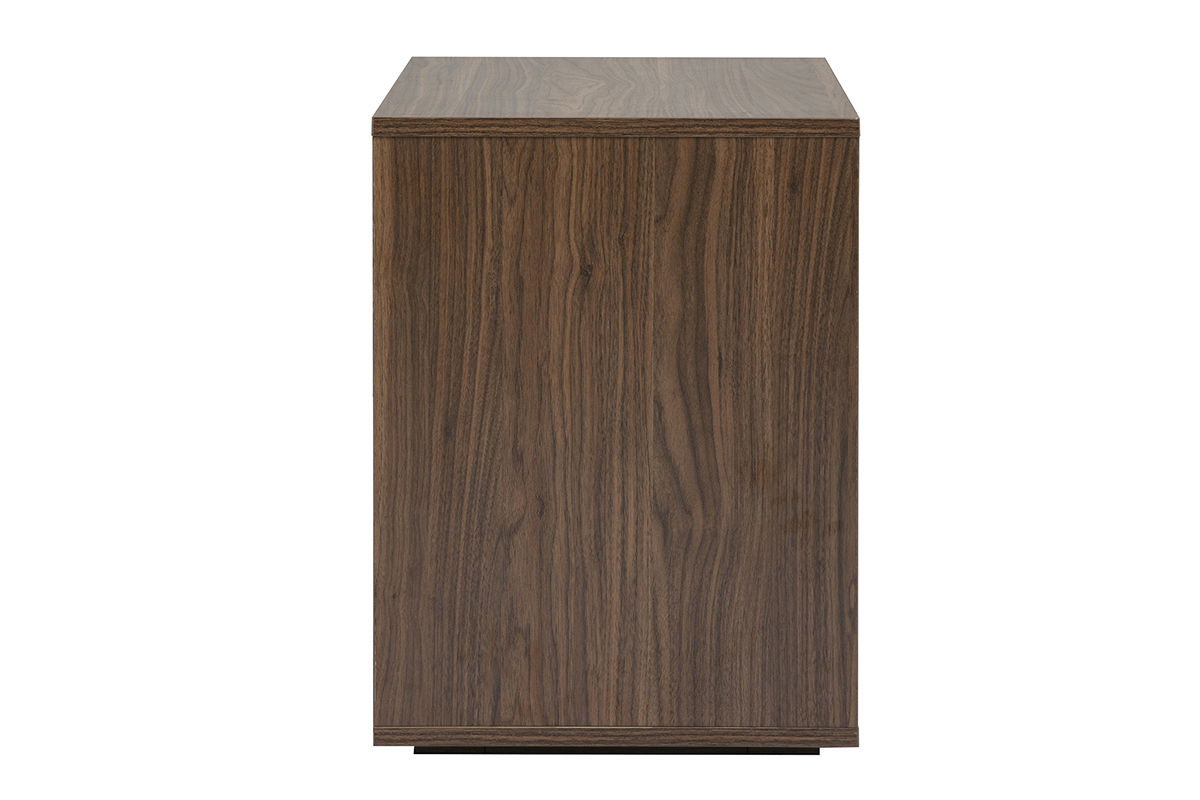 Mesa de noche LOTHAIRE con acabado de madera de nogal oscuro, vista de perfil.