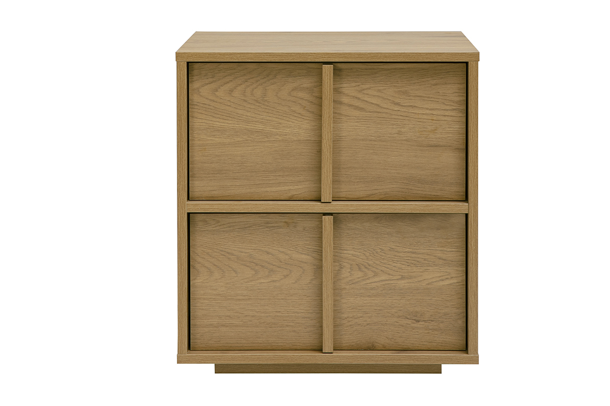 Mesa de noche de madera clara con dos cajones, vista frontal
