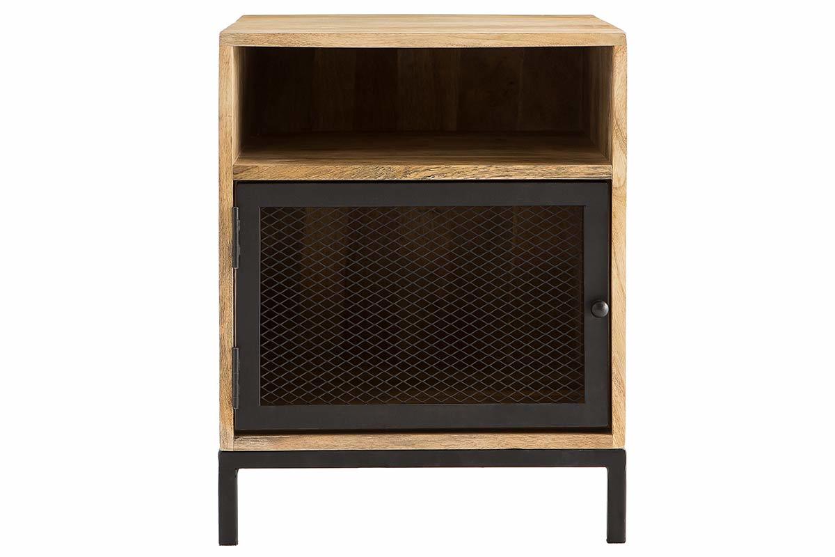 Mesita de noche en madera de mango y metal perforado RACK