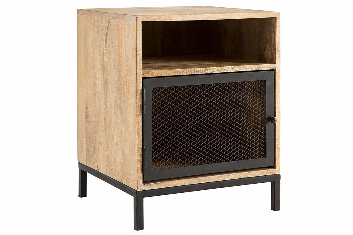 Mesita de noche en madera de mango y metal perforado RACK