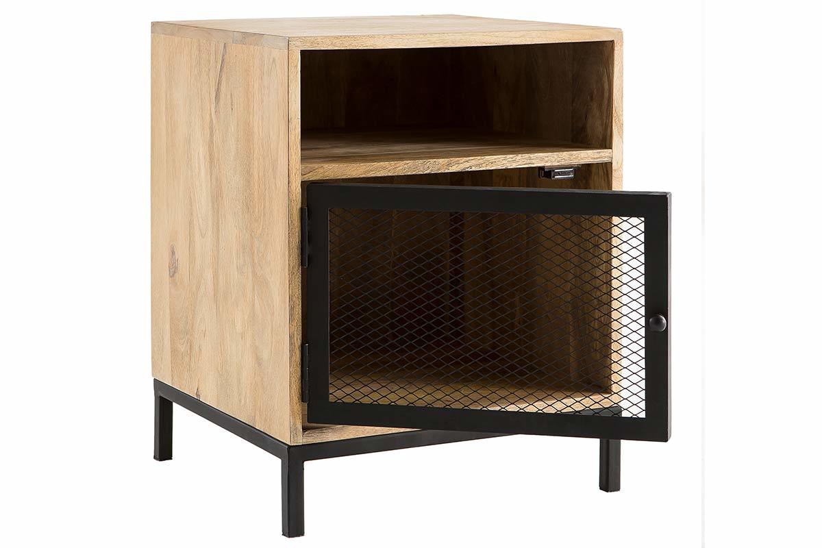 Mesita de noche en madera de mango y metal perforado RACK