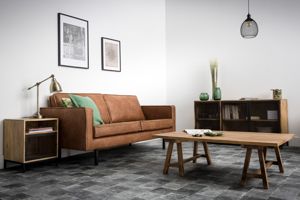Mesita de noche en madera de mango y metal perforado RACK