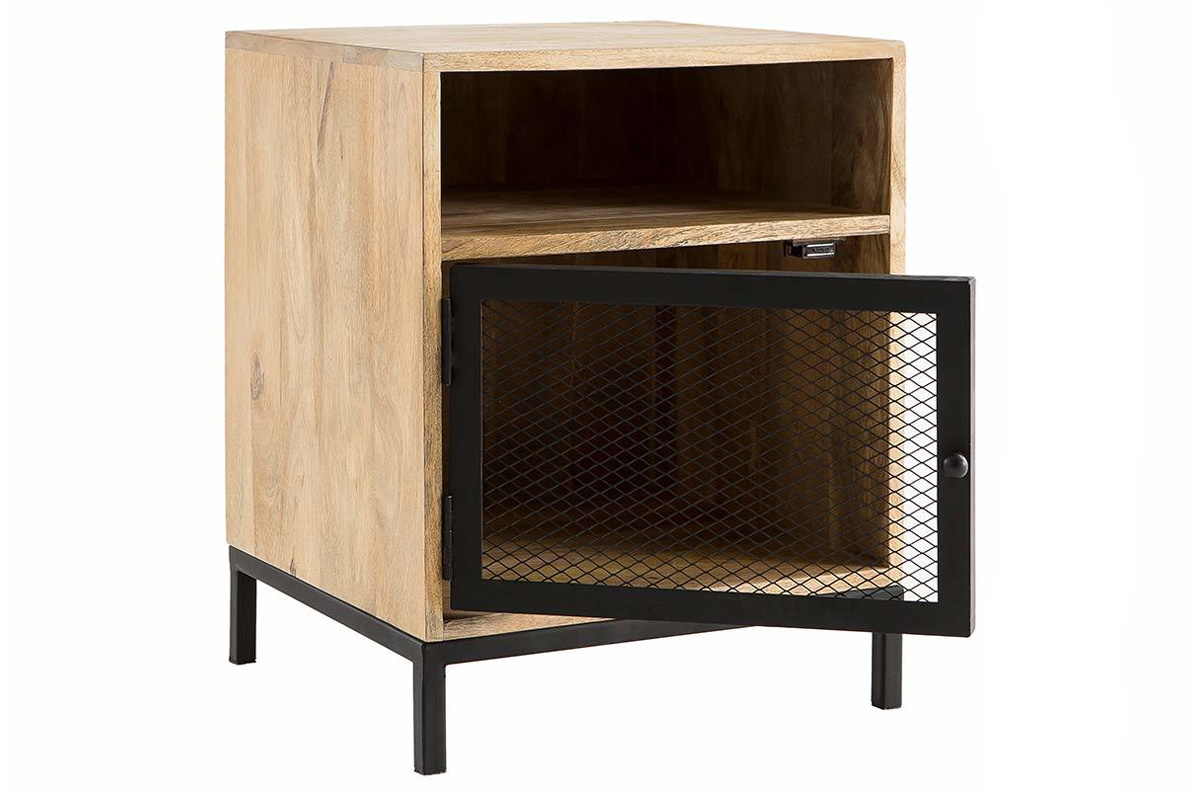 Mesita de noche en madera de mango y metal perforado RACK