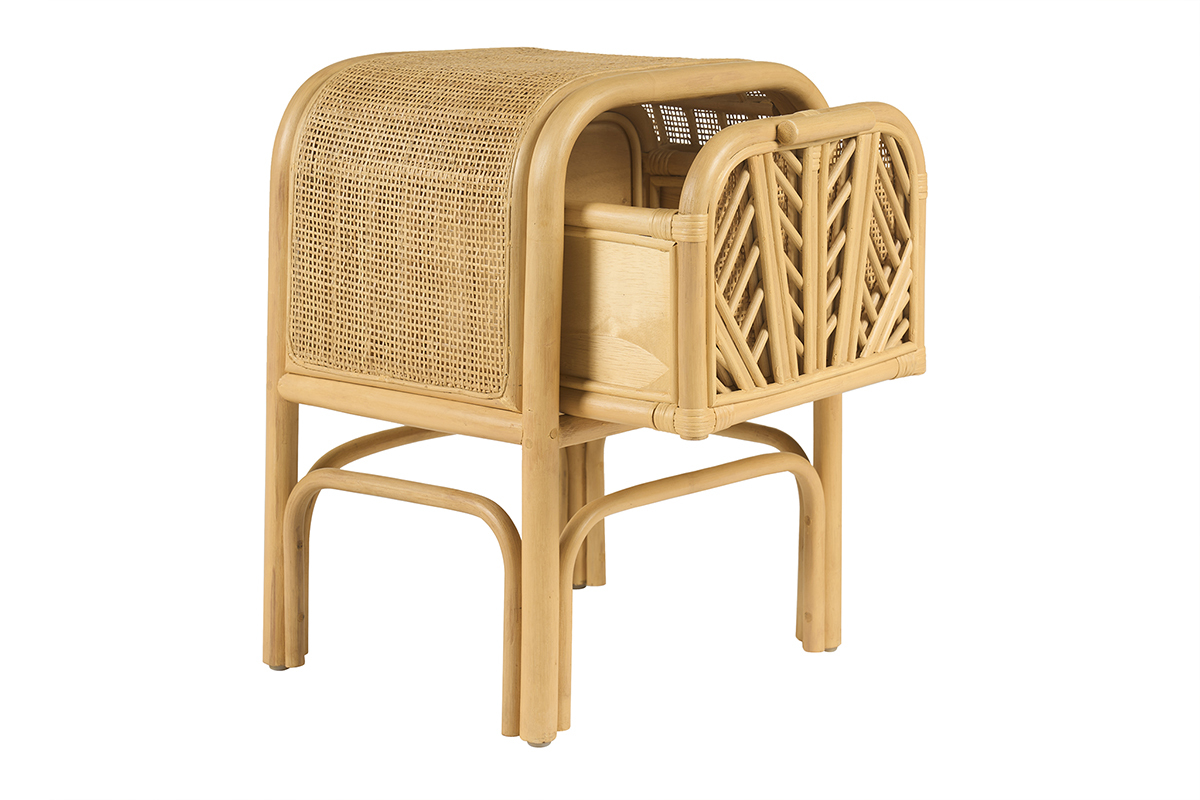 Mesita de noche de rat�n GALON, vista lateral, con caj�n trabajado.