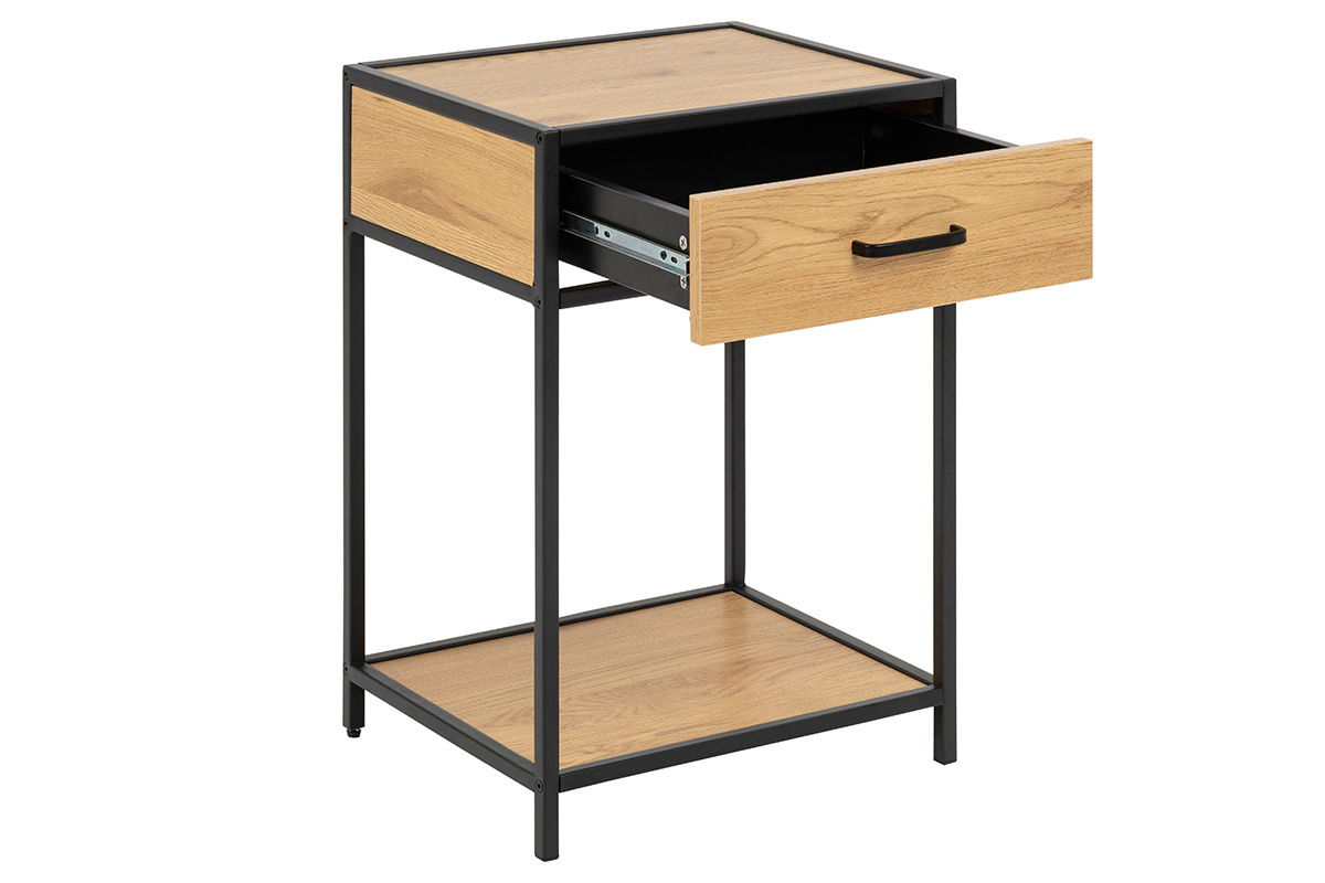 Mesita de noche industrial madera y metal negro TRESCA