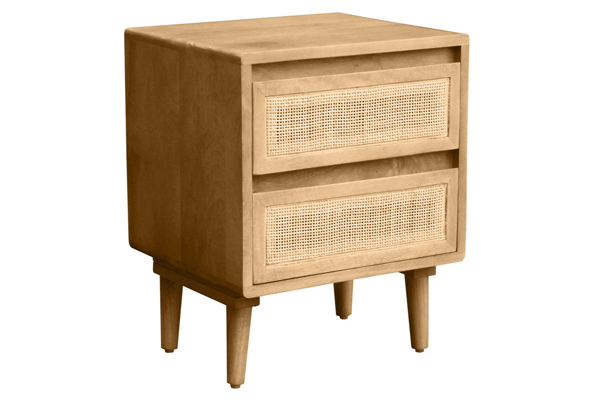 Mesa de noche de madera de mango con cajones de rejilla de rat�n, vista en 3/4