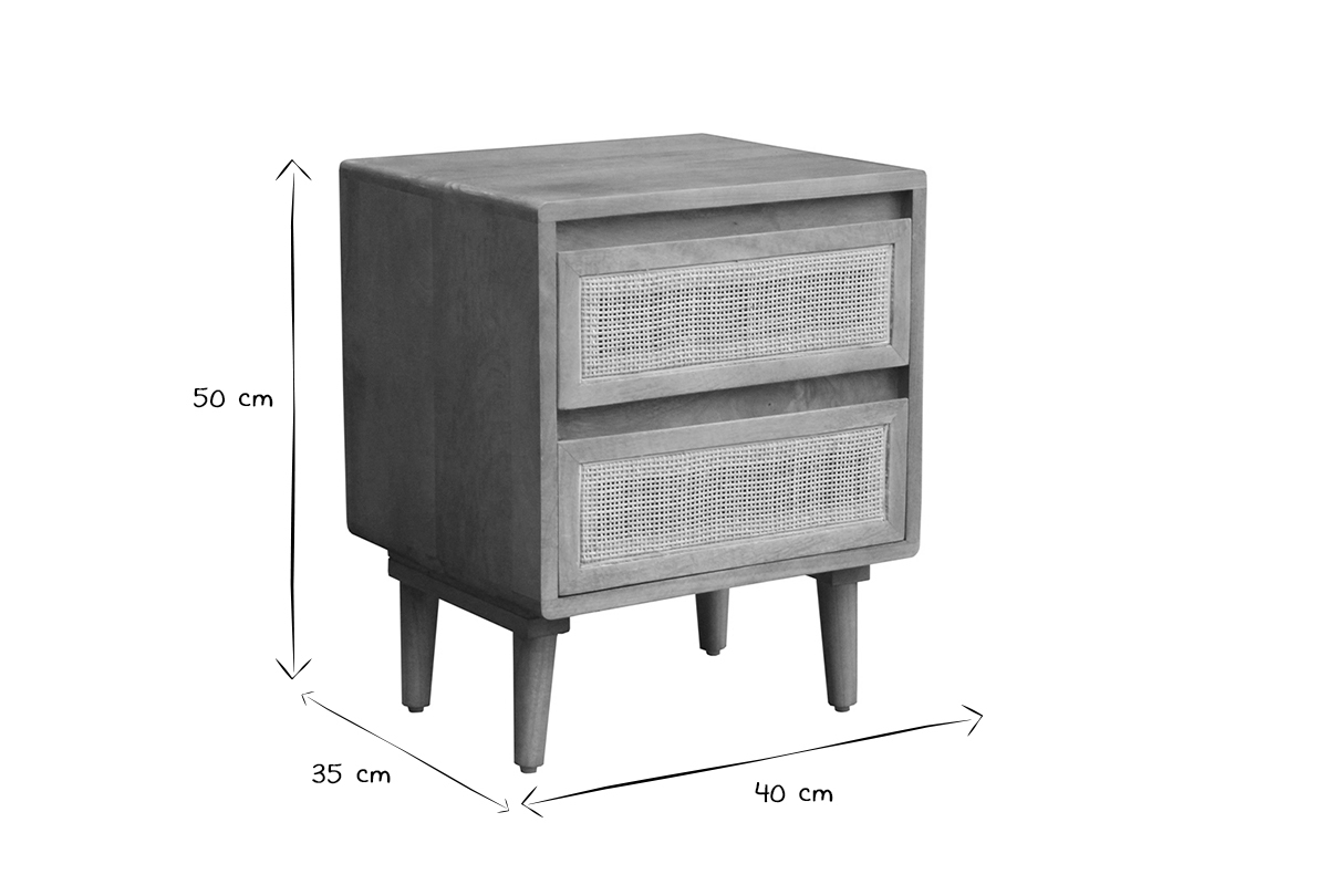 Dimensiones de las mesitas de noche: L40 x P35 x H50 cm, en blanco y negro.