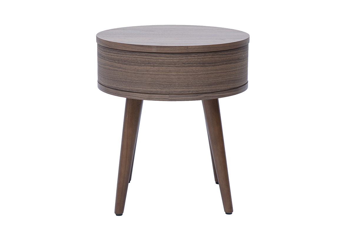 Mesita de noche redonda de madera oscura con caj�n, vista trasera.