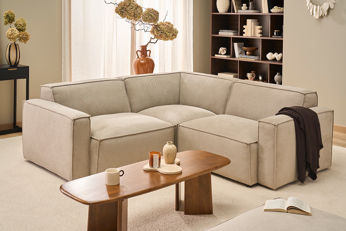 M�dulo central de esquina para sof� en tejido chenilla beige SPLIT