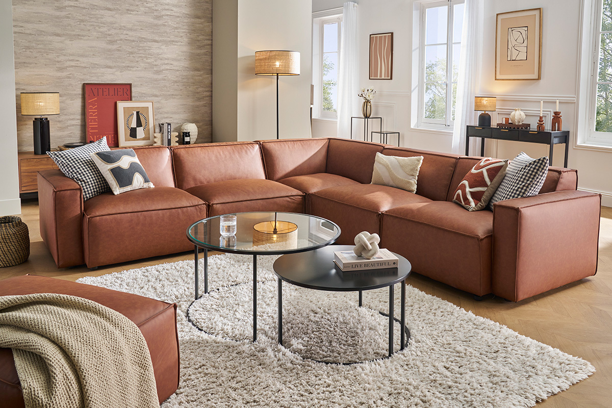 M�dulo central para sof� en cuero marr�n SPLIT