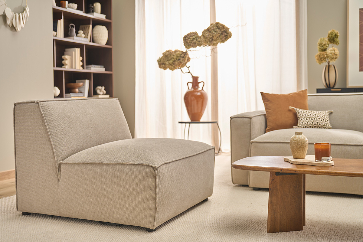 M�dulo central para sof� en tejido chenilla beige SPLIT