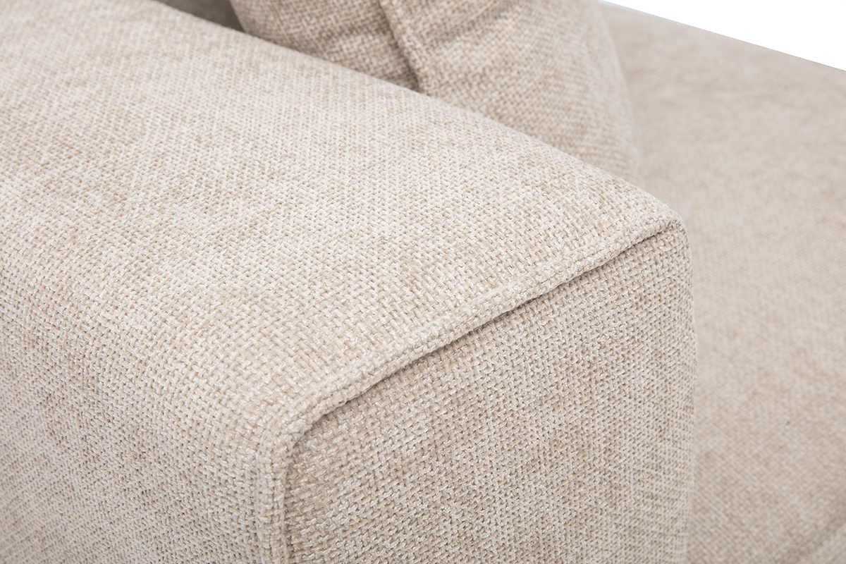 M�dulo de esquina izquierdo en tejido con efecto terciopelo texturizado beige, vista de cerca de la esquina y del asiento.