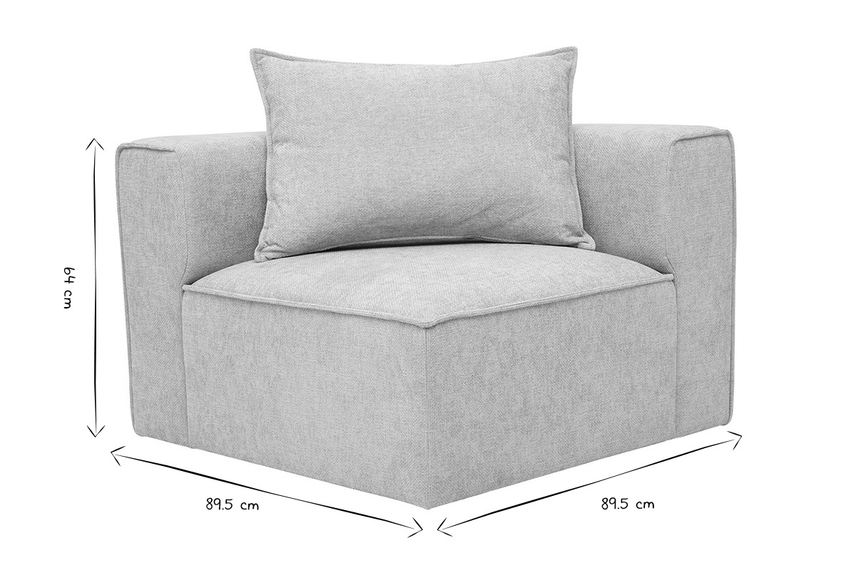 M�dulo de esquina izquierdo KERRY en tejido beige con dimensiones: L89.5 x P89.5 x H64 cm, en negro y blanco.