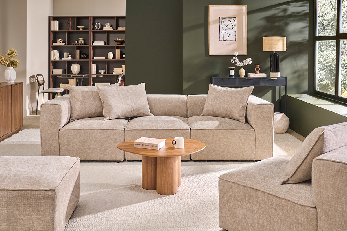 M�dulo derecho para sof� de tela con efecto terciopelo texturizado beige KERRY