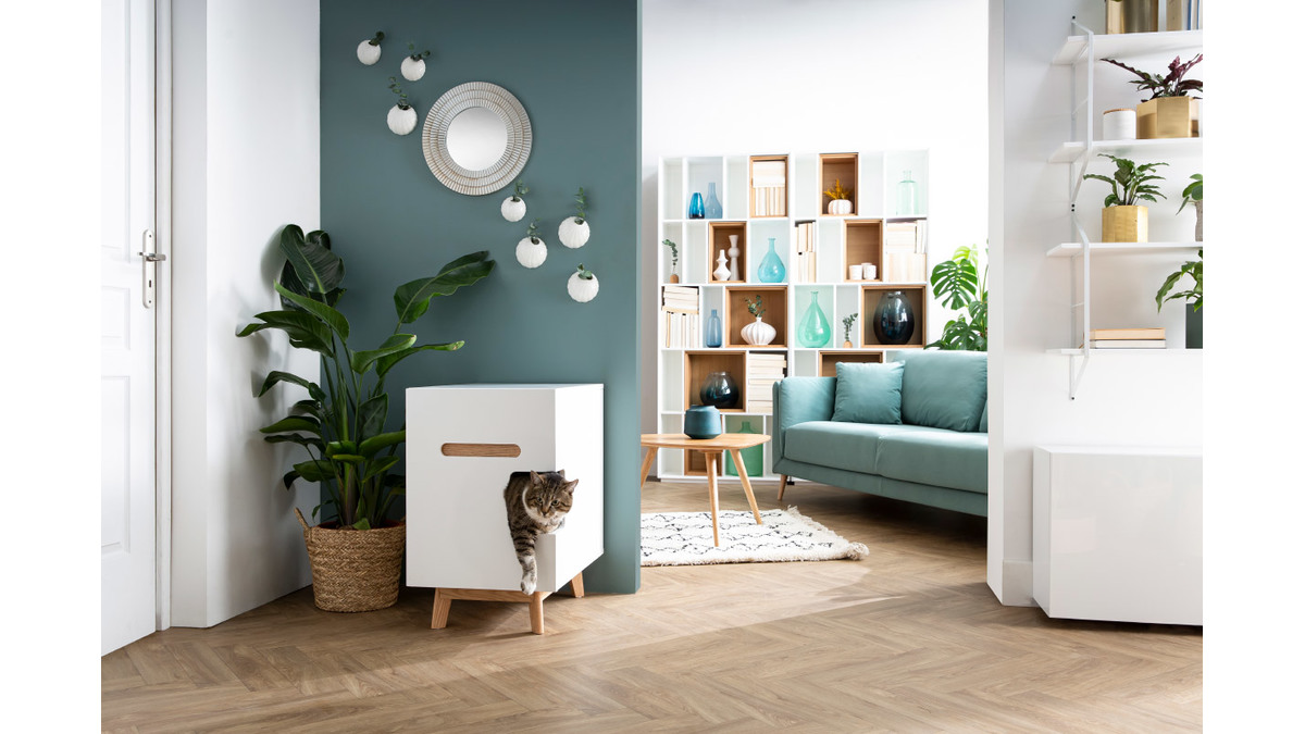 Mueble arenero para gatos en color blanco y madera O'MALLEY