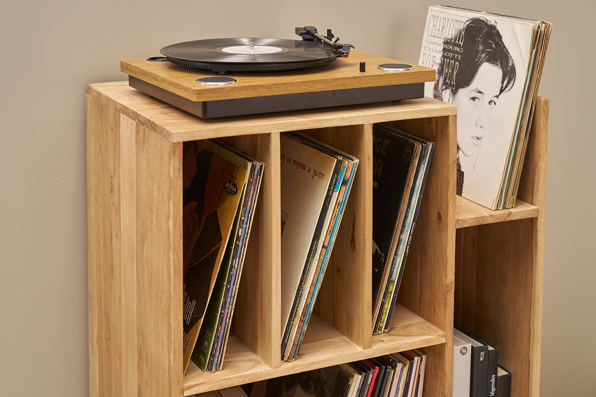 Mueble de almacenaje vinilos en acacia maciza VIRGILE