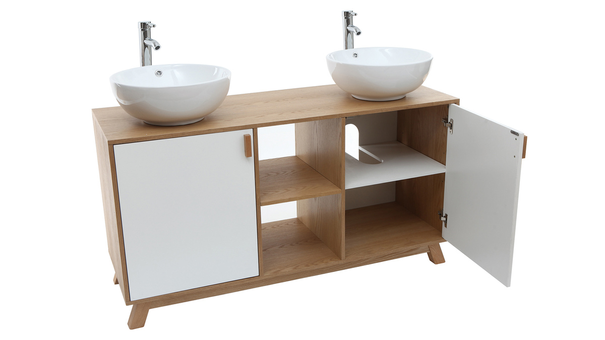 Mueble de bao: 2 lavabos y 2 puertas roble claro y blanco TOTEM