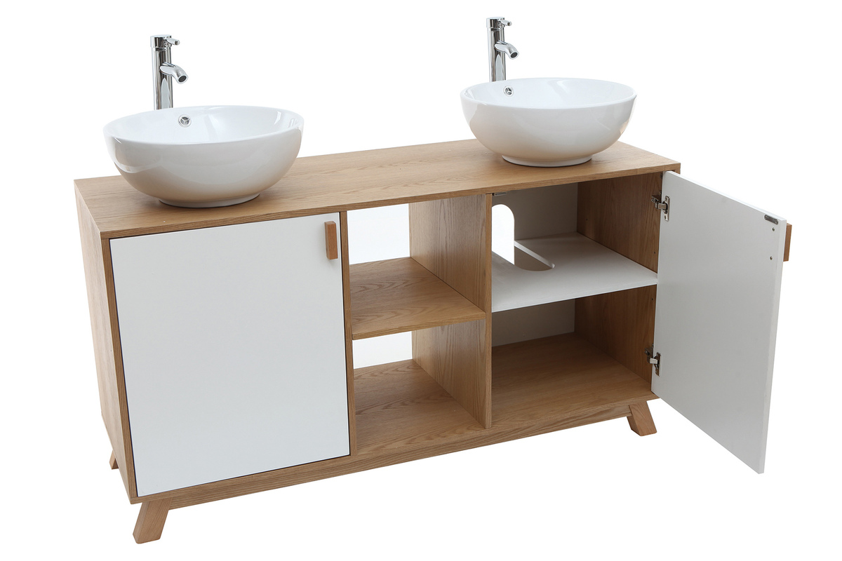 Mueble de bao: 2 lavabos y 2 puertas roble claro y blanco TOTEM