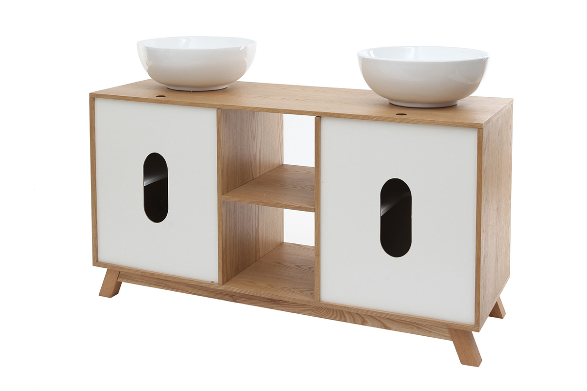 Mueble de bao: 2 lavabos y 2 puertas roble claro y blanco TOTEM