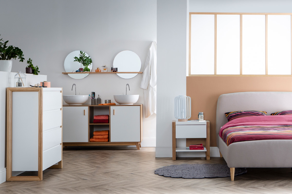 Mueble de bao: 2 lavabos y 2 puertas roble claro y blanco TOTEM