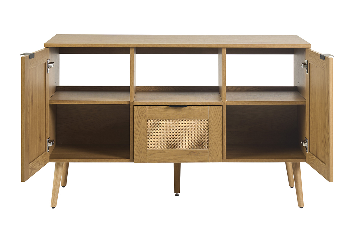 Mueble de ba�o MANILLE en madera clara con caj�n de rejilla de rat�n, vista frontal con puertas abiertas.