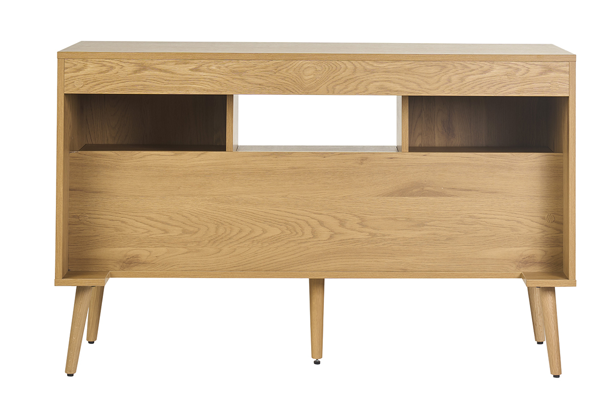 Mueble de ba�o de madera clara con caj�n y nichos abiertos, vista trasera