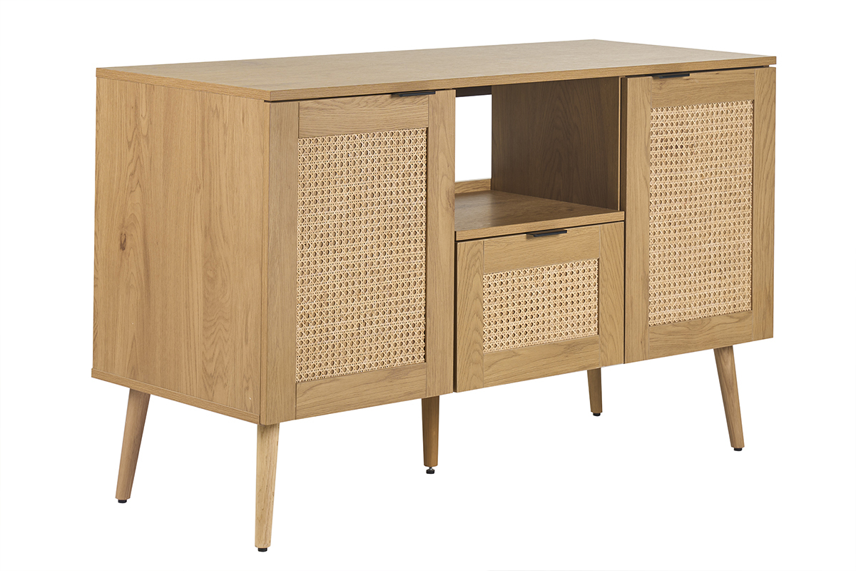 Mueble de ba�o de madera clara con rejilla de rat�n y caj�n, vista de tres cuartos