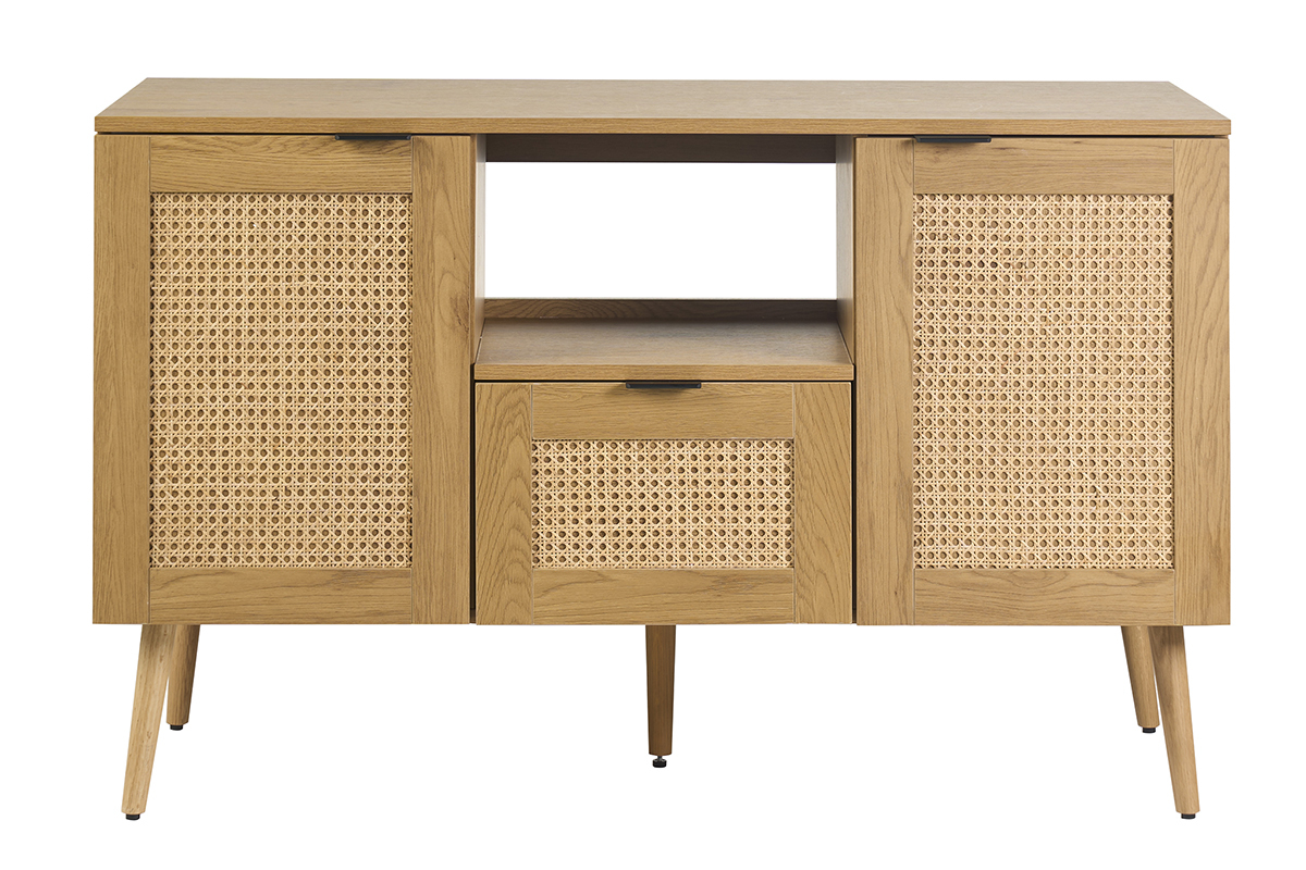 Mueble de ba�o de madera clara con rejilla de rat�n y metal negro, vista frontal.