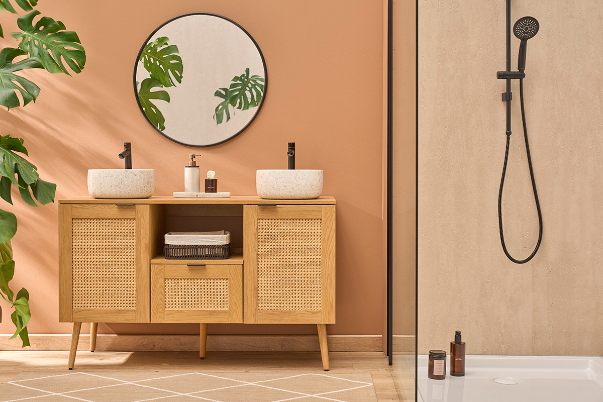Mueble de ba�o acabado madera clara, rejilla de rat�n y metal negro L120 cm MANILLE
